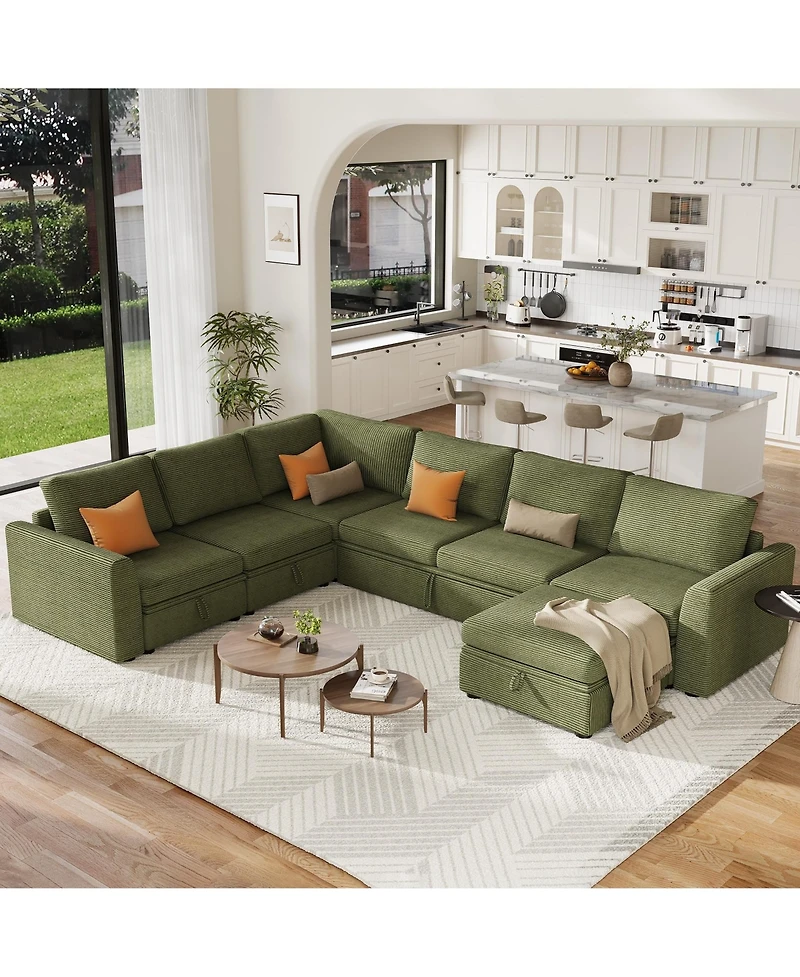 gaomon U-Shaped Corduroy Sectional Sleeper Sofa for Living Room – 7-Seater Modular Couch with Pull-Out Bed – Storage Ottoman