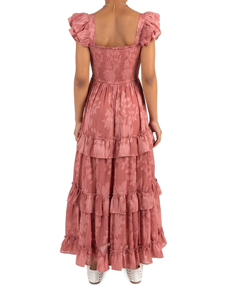 Rare Editions Girls' 7-14 Burnout Chiffon Smocked Sweetheart Neck Tiered Maxi Dress