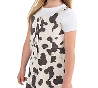 Rare Editions Girls' 2T-6X Cow Print Twill Jumper and T-Shirt, 2-Piece Set