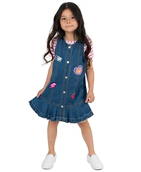 Rare Editions Girls' 2T-6X Striped T-Shirt and Patch Denim Jumper, 2-Piece Set