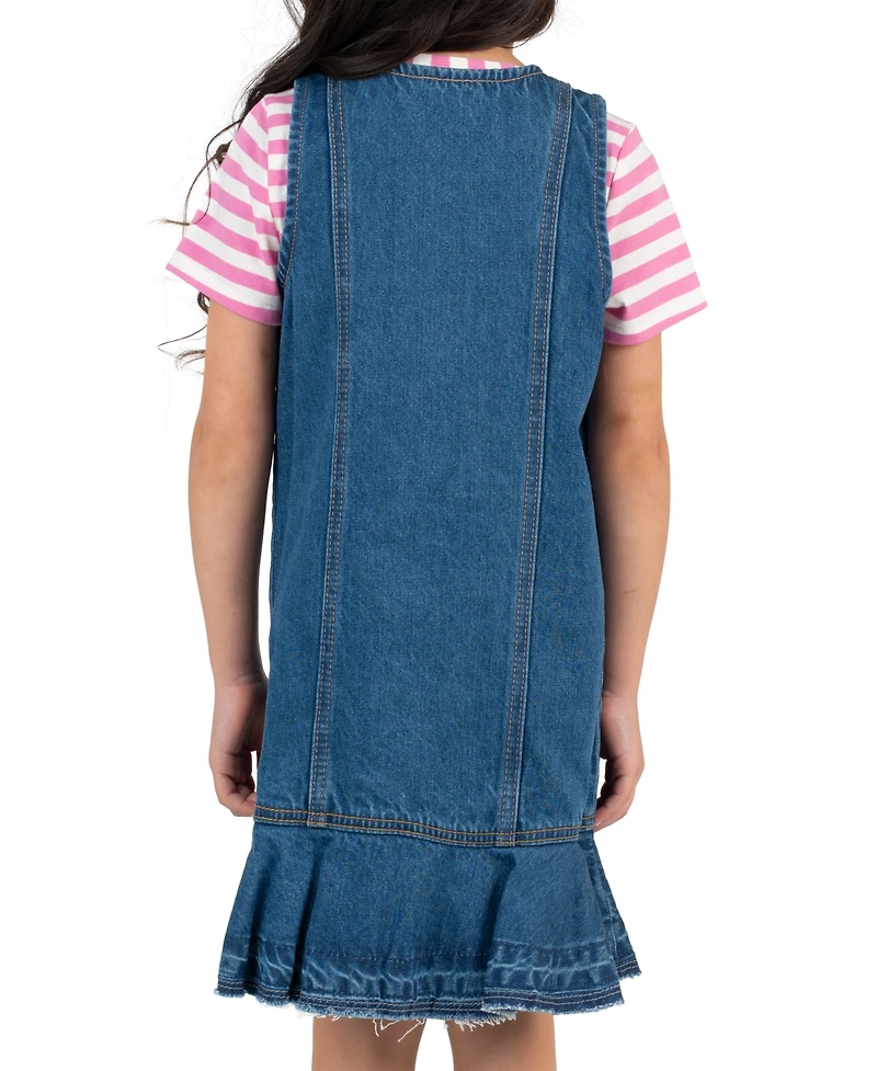 Rare Editions Girls' 2T-6X Striped T-Shirt and Patch Denim Jumper, 2-Piece Set