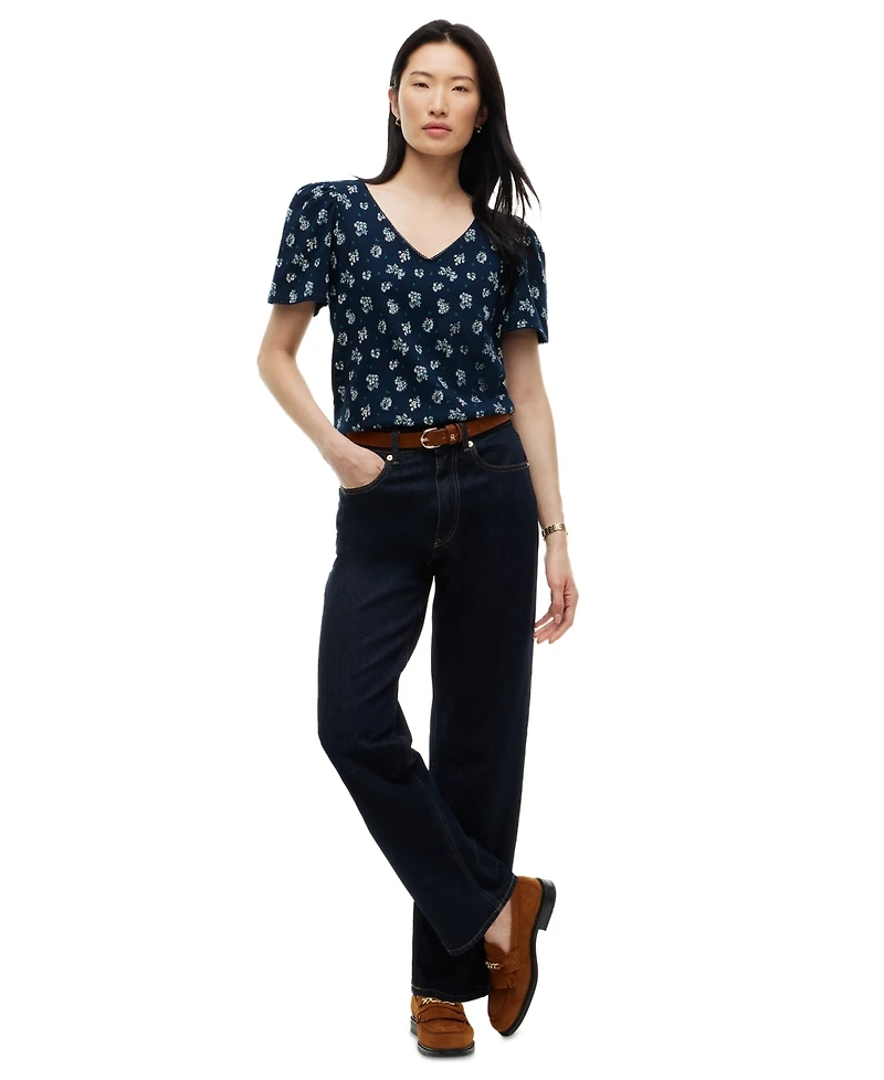 Tommy Hilfiger Women's Printed Contrast Trim Puff-Sleeve V-Neck Top