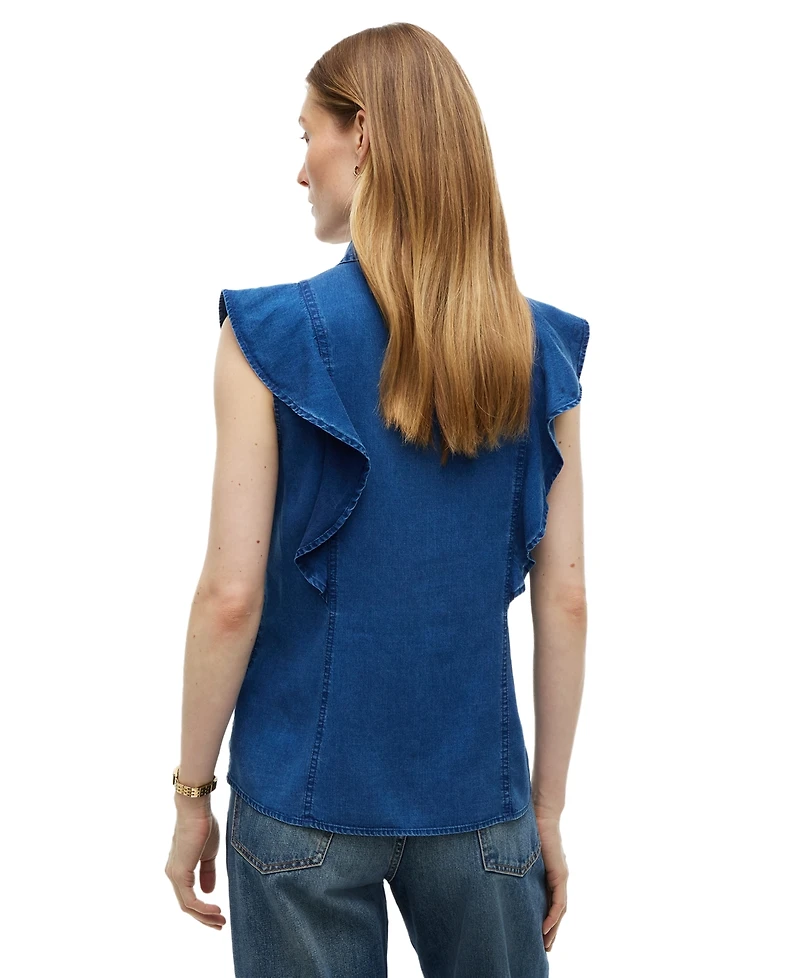 Tommy Hilfiger Women's Chambray Frill Sleeveless Button-Front Shirt