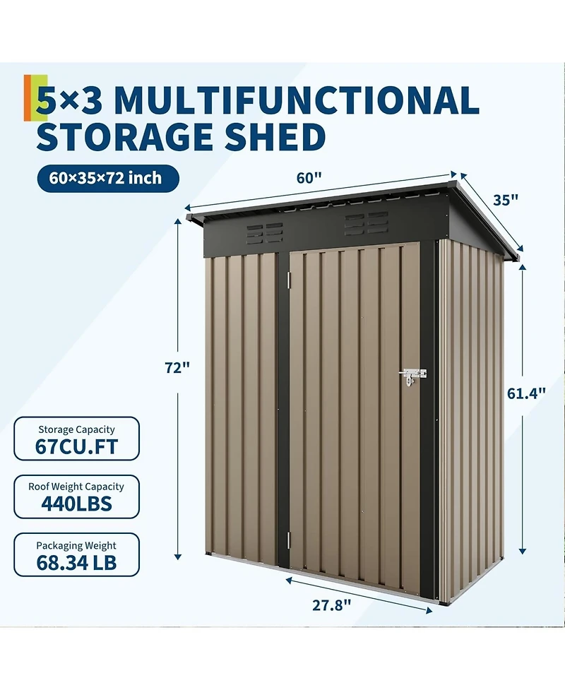 gaomon 5x3 ft Outdoor Storage Shed, 67 Cu.ft Metal Tool Shed with Sloping Roof and Lockable Door, Compact Garden Shed for Backyard