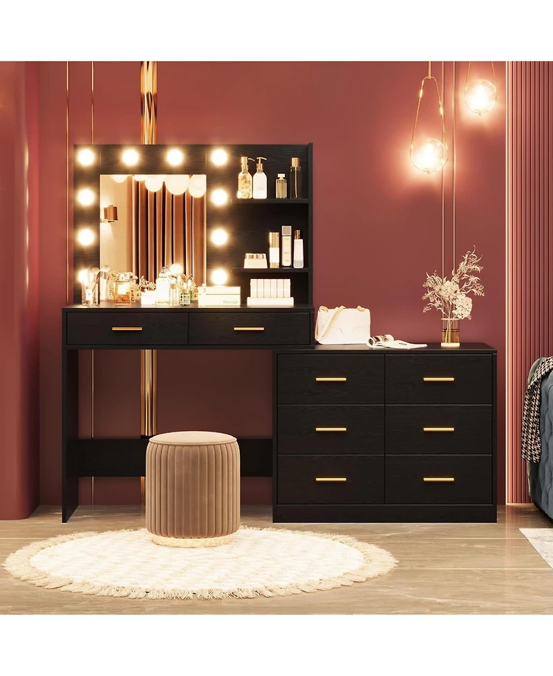 gaomon 61" Vanity Desk with Mirror And Adjustable Led Lights, 8-Drawer Makeup Dressing Table with 2-Tier Shelves