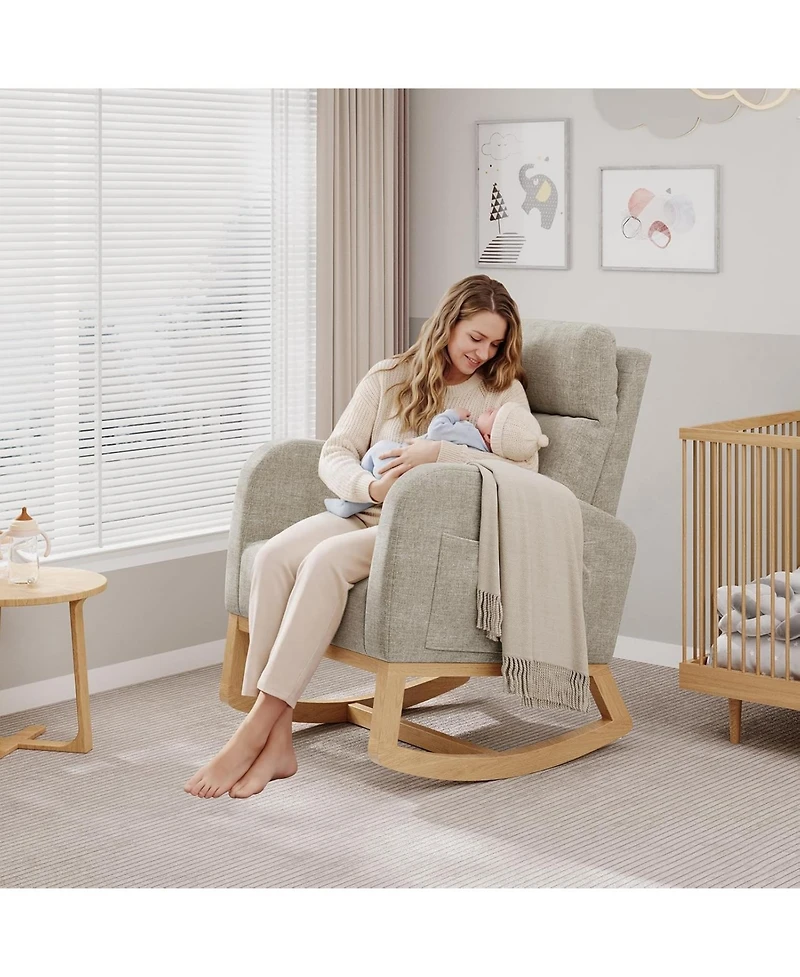 gaomon Linen Rocking Chair, Modern Nursery Glider Chair with Side Pockets and Pillow, Rocker Chair for Living Room Bedroom Nursing Room