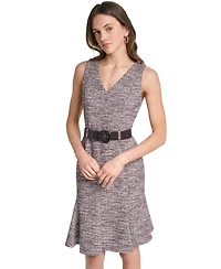 Calvin Klein Women's Sleeveless V-Neck Tweed Belted A-Line Dress