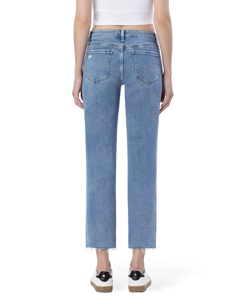 Vervet Women's Mid Rise Clean Cut Raw Hem Straight Jeans