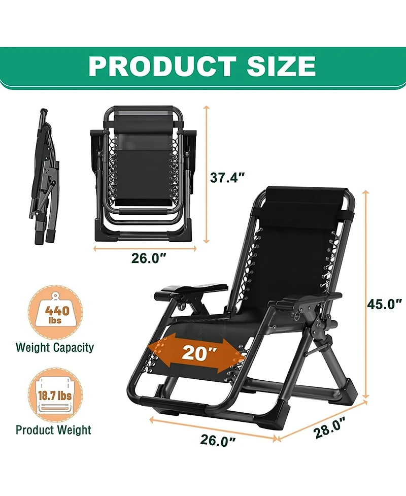 Aboron Zero Gravity Chair, Folding Portable Reclining Lounge Chair with Removable Cushion, Headrest, Reclining Patio Lounger Chair for Indoor,Outdoor