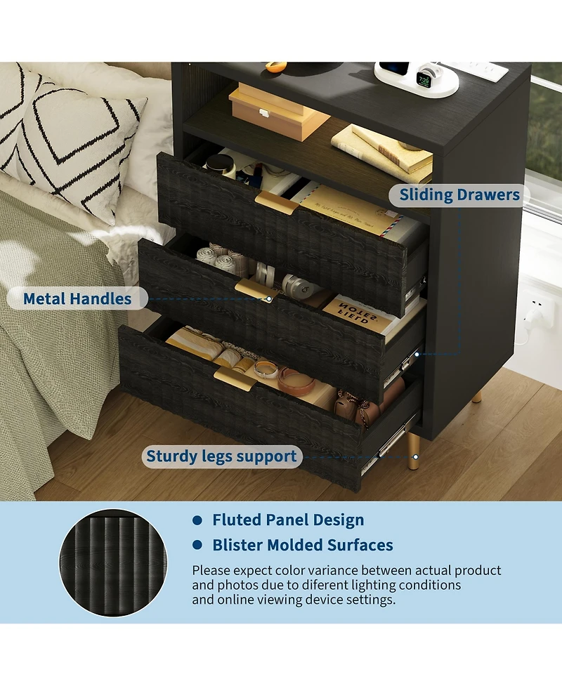 gaomon Fluted 3-Drawer Dresser for Bedroom, Modern White with Built-in Led Lights and Wave Front Design, Large Storage