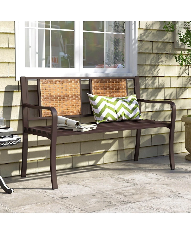 Costway 51" Patio Metal Bench for 2-3 with Rattan Backrest and Curved Armrests for Backyard