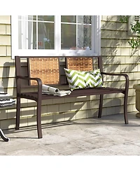 Costway 51" Patio Metal Bench for 2-3 with Rattan Backrest and Curved Armrests for Backyard