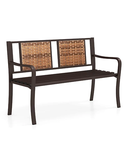 Costway 51" Patio Metal Bench for 2-3 with Rattan Backrest and Curved Armrests for Backyard