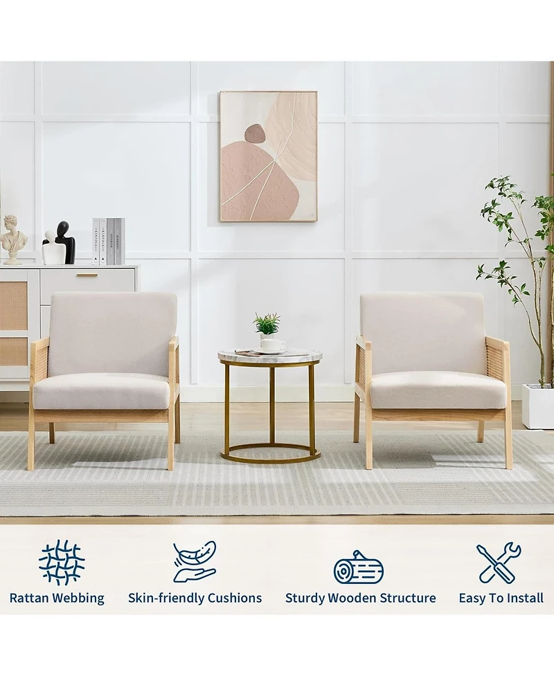 gaomon Set of 2 Mid Century Accent Armchairs – Upholstered Linen Lounge Chairs with Rattan Details, Sturdy Wood Legs