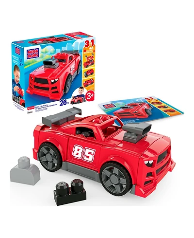 Mega Bloks Build & Go Race Car 3-in-1 with Rolling Wheels, 26-Piece Building Set, Ages 3+