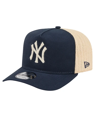 New Era Men's Navy/Natural New York Yankees Grained 9FIFTY A-Frame Trucker Adjustable Hat