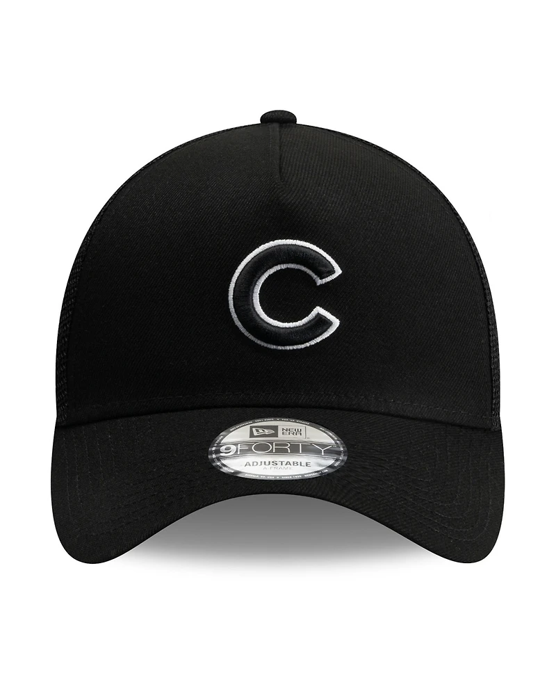 New Era Men's Black Chicago Cubs Side Script 9FORTY A-Frame Trucker Adjustable Hat