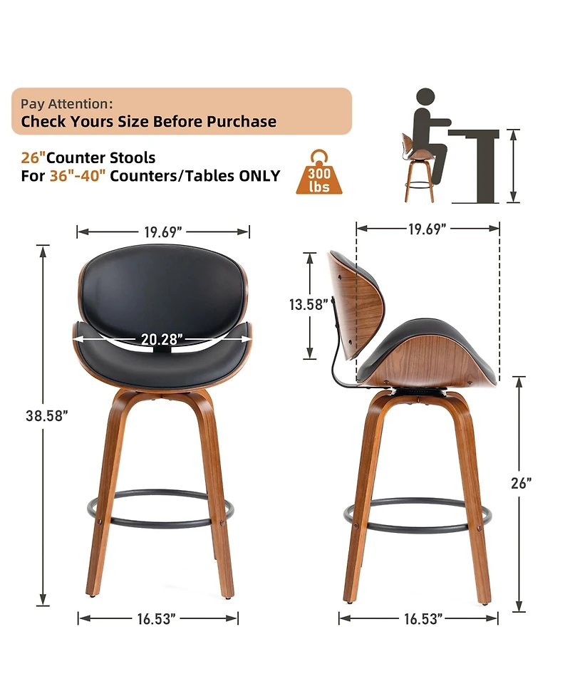 Dyhome 26 Inches Swivel Bar Stools Set of 2, Mid-Century Modern Counter Height