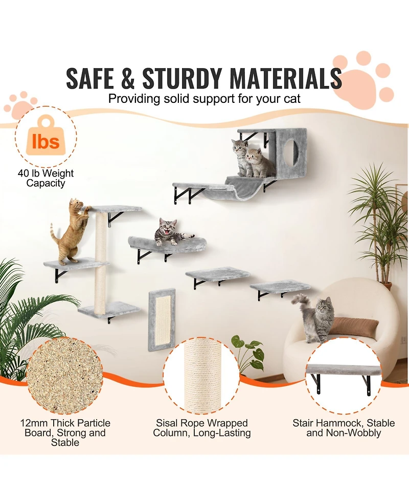 Vevor Wall Mounted Cat Shelves Tree with Jump Boards Hammock Sofa Grip Set of 6