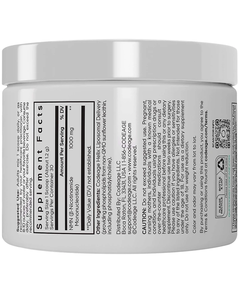 Codeage Liposomal Nmn 1000mg Powder, Nicotinamide Mononucleotide, Nad Plus Precursor, Unflavored, 1.2 Ounce
