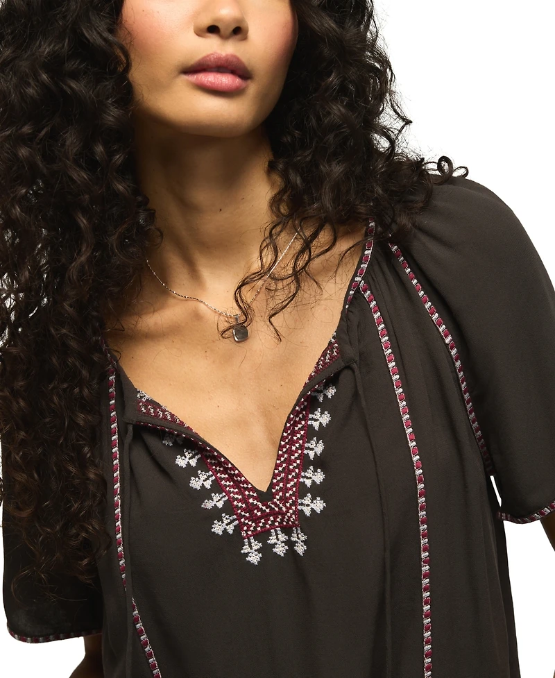 Lucky Brand Women's Embroidered Peasant Short-Sleeve Top