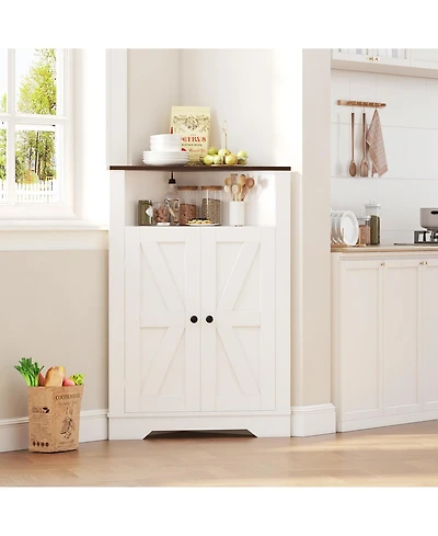 homfan Corner Storage Cabinet with Barn Door and Adjustable Shelf, Farmhouse Floor Organizer for Bathroom, Kitchen and Living Room