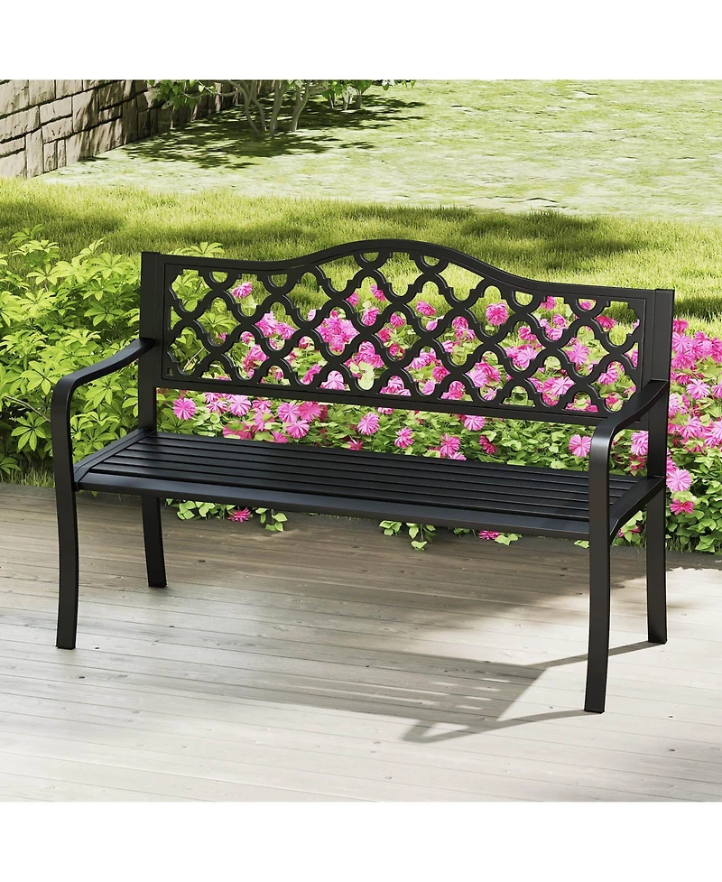 Costway Patio Bench Slatted Metal Garden Bench for 2-3 People Park-Style Loveseat