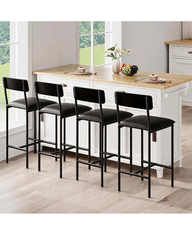homfan Set of 4 Modern 25.5" Bar Stools – Leather Counter Height Seats with Backrest and Footrest, Sturdy Metal Legs