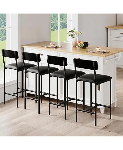 homfan Set of 4 Modern 25.5" Bar Stools – Leather Counter Height Seats with Backrest and Footrest, Sturdy Metal Legs