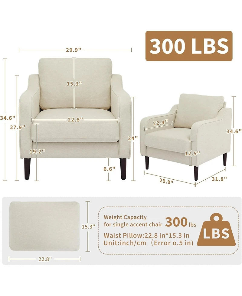 gaomon Mid-Century Modern Accent Chairs,Modern Linen Fabric Armchair for Living Room,Comfy Sofa Chairs with Scooped Arms