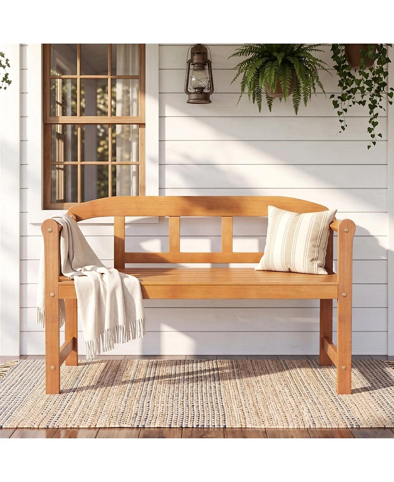 Gymax Outdoor Acacia Wood Garden Bench 2-Seater Loveseat with Backrest Angled Armrests