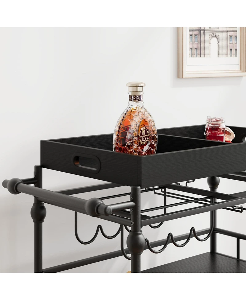 gaomon Bar Cart With Wheels, 3-Tier Serving For Home, Mobile Rolling Beverage Wine Rack And Removable Tray
