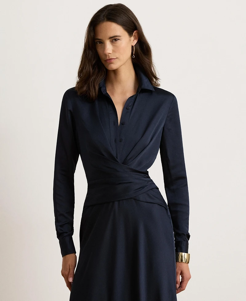 Lauren Ralph Pleated Button-Up Charmeuse Gown