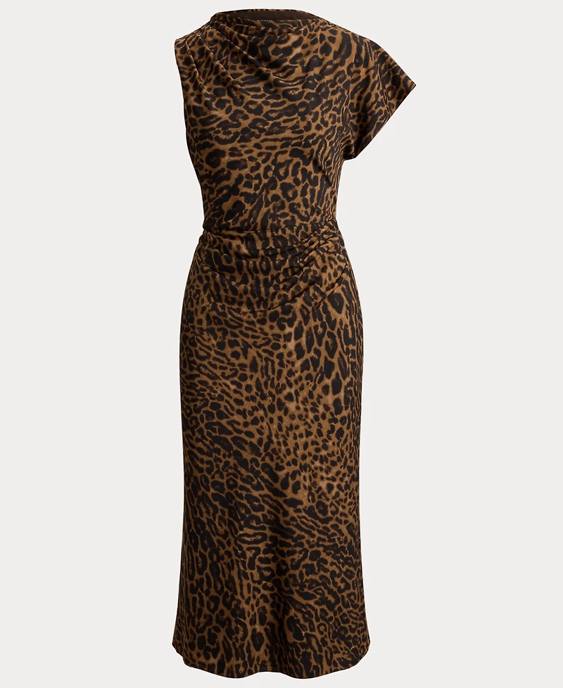 Lauren Ralph Women's Asymmetrical Neck Ocelot-Print Pleated Crepe Dress