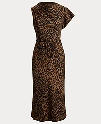 Lauren Ralph Women's Asymmetrical Neck Ocelot-Print Pleated Crepe Dress