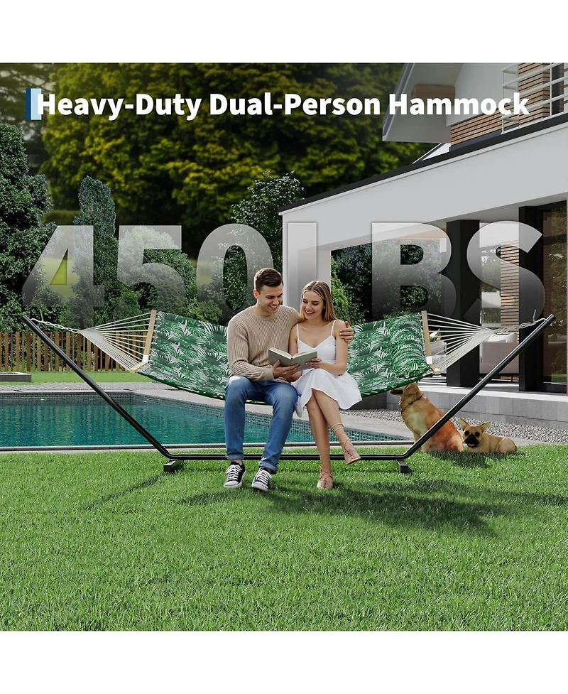 gaomon 2 Person Outdoor Hammock with Stand, Heavy Duty Portable Double Hammock with Balance Rope, Max 450 Lbs Capacity for Patio, Backyard, Garden