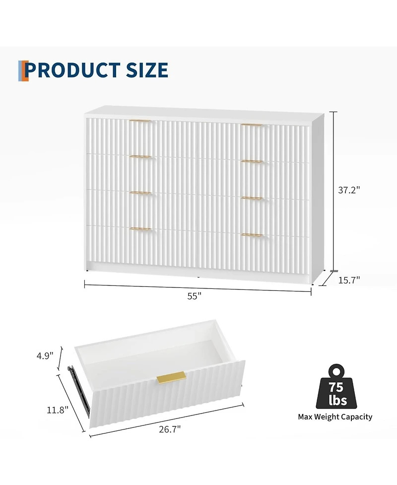 gaomon 8-Drawer Fluted Dresser, Wood Storage Organizer with 9 Drawers, Large Capacity and Anti-Tip, Entryway