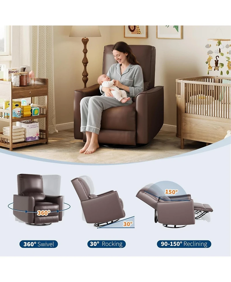 gaomon Manual 360degrees Swivel Rocker Recliner Chair Pu Leather Single Sofa for Living Room, Bedroom or Nursery High Back, Deep Seat, Padded Armrests