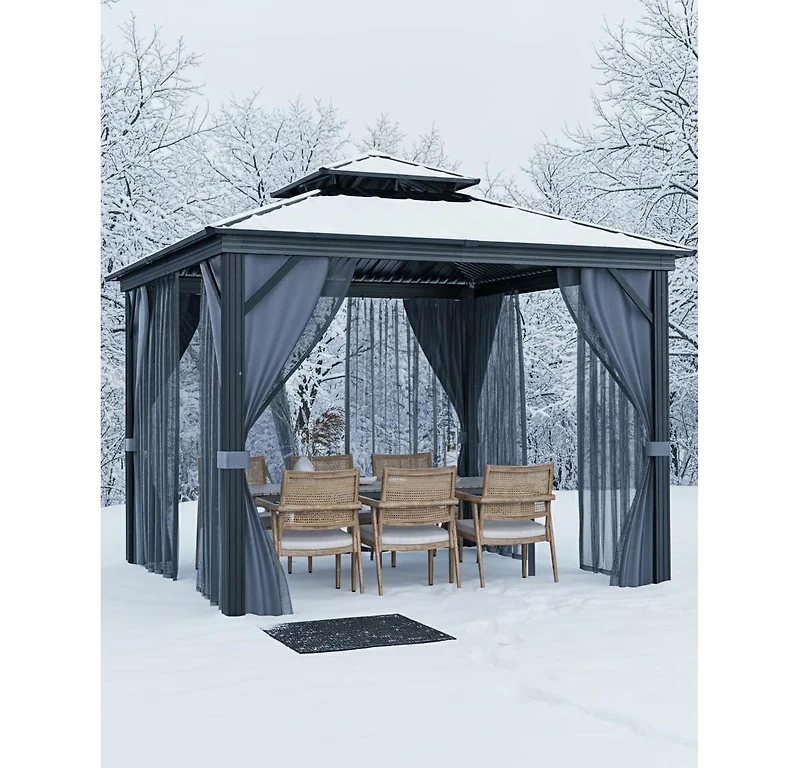 gaomon 10x10 Feet Hardtop Gazebo for All Weather, with Metal Double Roof, Aluminum Alloy Frame, Net, and Curtain, Heavy Duty Building for Patio, Deck