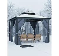 gaomon 10x10 Feet Hardtop Gazebo for All Weather, with Metal Double Roof, Aluminum Alloy Frame, Net, and Curtain, Heavy Duty Building for Patio, Deck