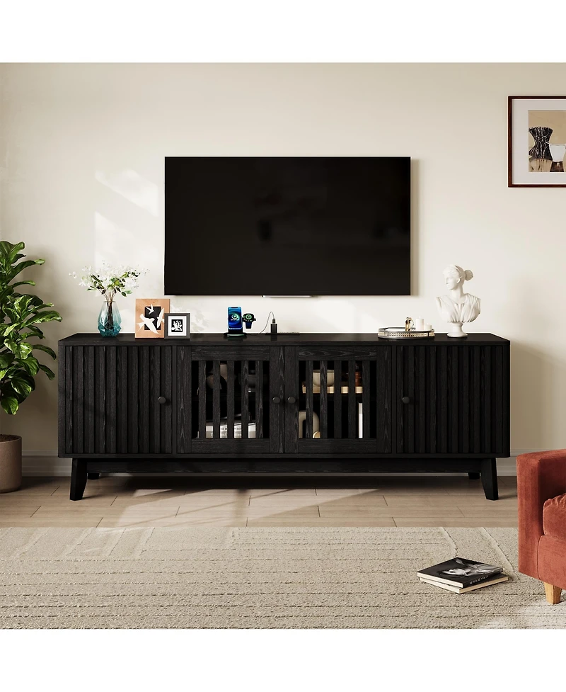 gaomon 63" Tv stand with power outlet, adjustable shelves, storage, and 4 grille doors, wooden entertainment center for living room.