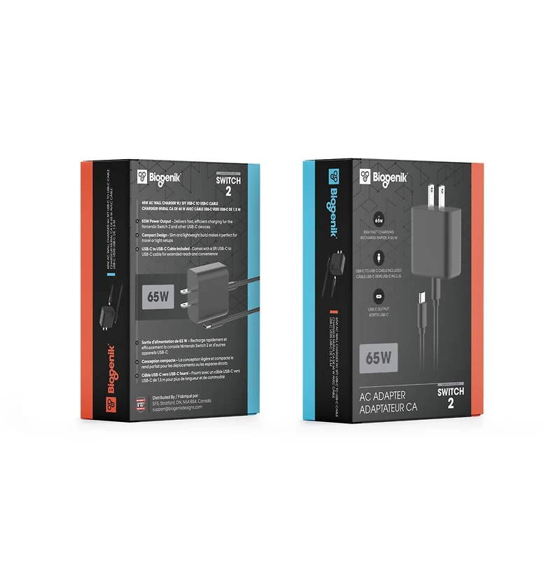 Biogenik 65W Usb-c Compact Ac Wall Charger with Usb-c Cable for Nintendo Switch 2