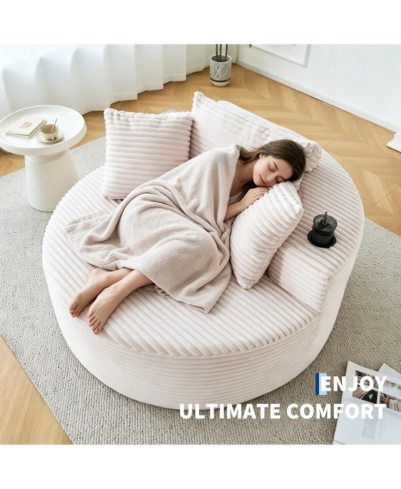 gaomon 55 Inch Oversized Round Chaise Lounge Chair with Cup Holders Corduroy Circle Couch No Assembly
