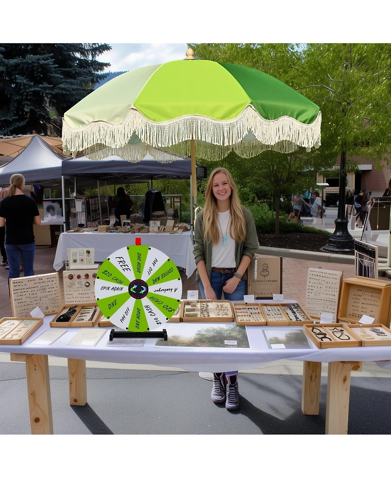 WinSpin 24" Modular Prize Wheel Tabletop with Palm Springs Green Fringe Umbrella for Outdoor Pop-up Shop Craft Booth