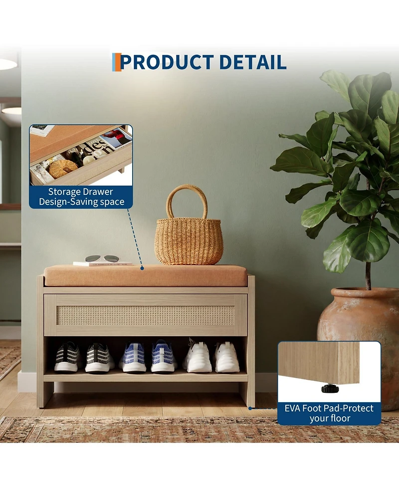 homfan Rattan Entryway Shoe Bench with Storage Drawer and Linen Cushion – Wooden Open Shelf Comfortable Seat