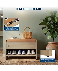 homfan Rattan Entryway Shoe Bench with Storage Drawer and Linen Cushion – Wooden Open Shelf Comfortable Seat