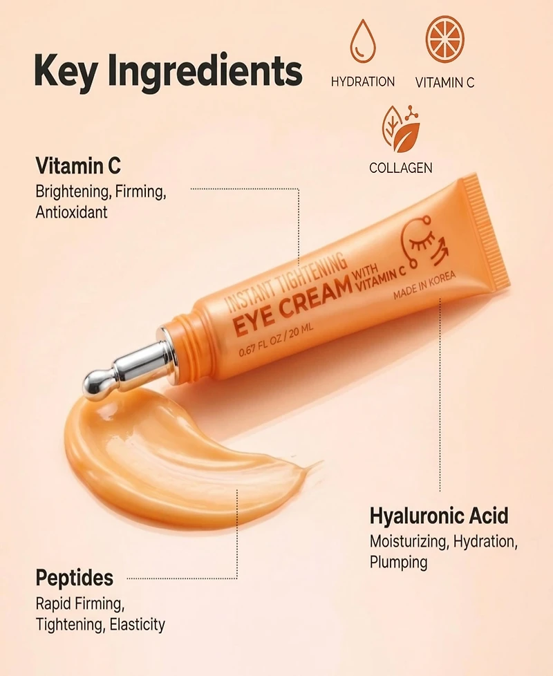 Lovery Korean Skin Care Vitamin C Eye Cream, Instant Tightening and Brightening, Firming and Depuffing Korean Under-Eye Treatment