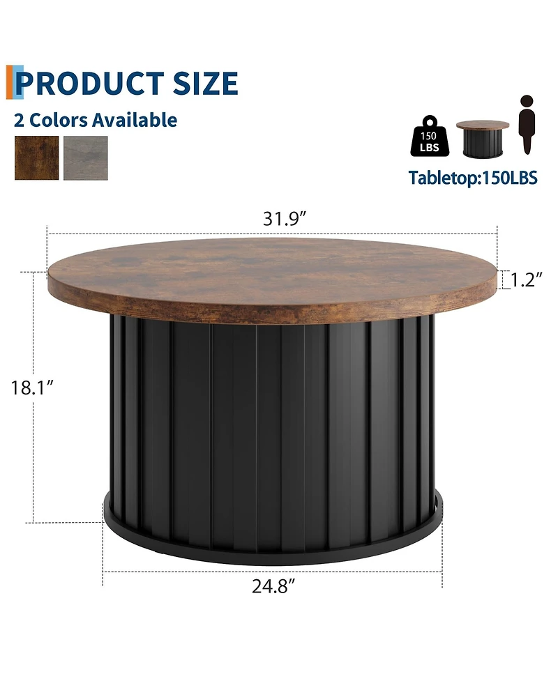 homfan 31.9" Round Coffee Table – Mid-Century Modern with Fluted Texture and Metal Base, Living Room Apartment Small Space