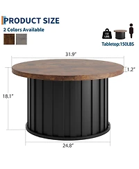 homfan 31.9" Round Coffee Table – Mid-Century Modern with Fluted Texture and Metal Base, Living Room Apartment Small Space