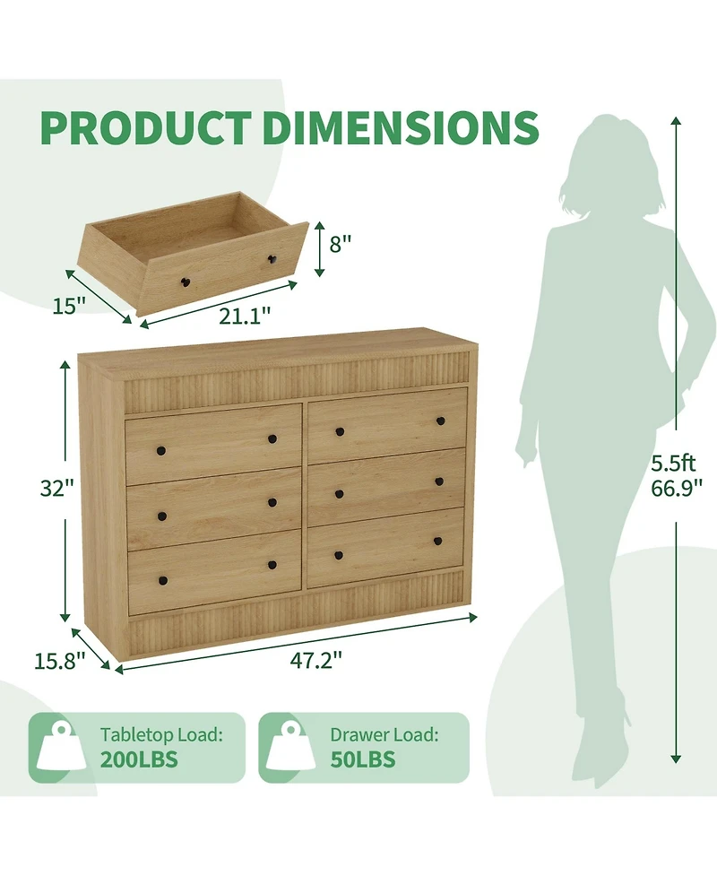 homfan Modern Fluted 6-Drawer Dresser Wide Oak Wood Storage Cabinet for Bedroom Living Room Entryway, Sleek Hallway Chest